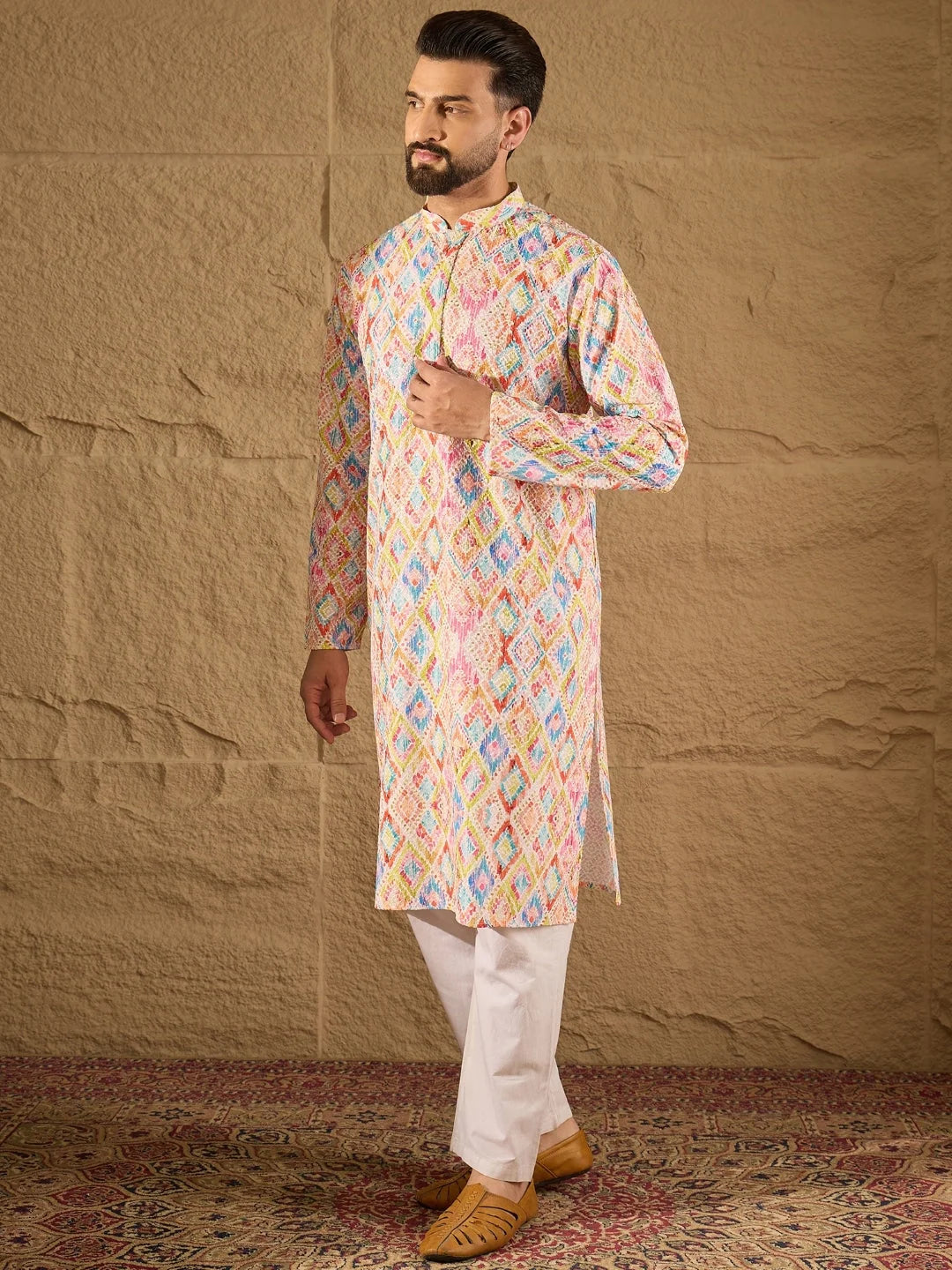 Ethnic Bay Men Multi Viscose Rayon Abstract Embroidered Straight Kurta-MKU1251