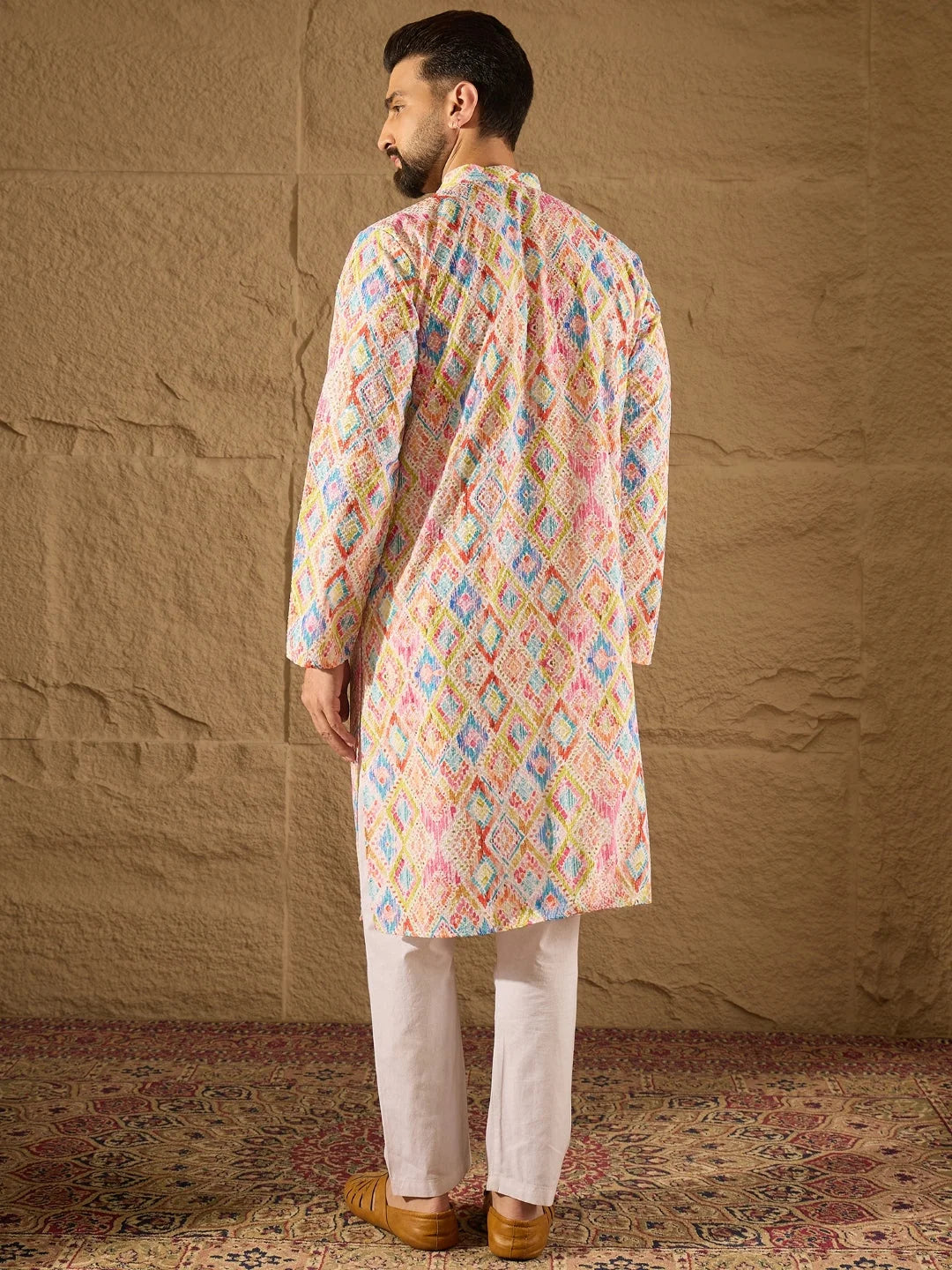 Ethnic Bay Men Multi Viscose Rayon Abstract Embroidered Straight Kurta-MKU1251