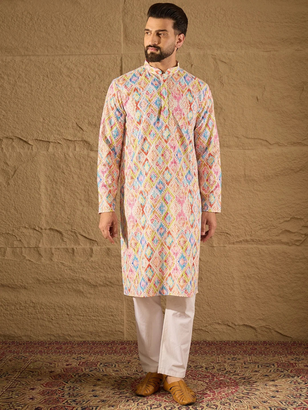 Ethnic Bay Men Multi Viscose Rayon Abstract Embroidered Straight Kurta-MKU1251