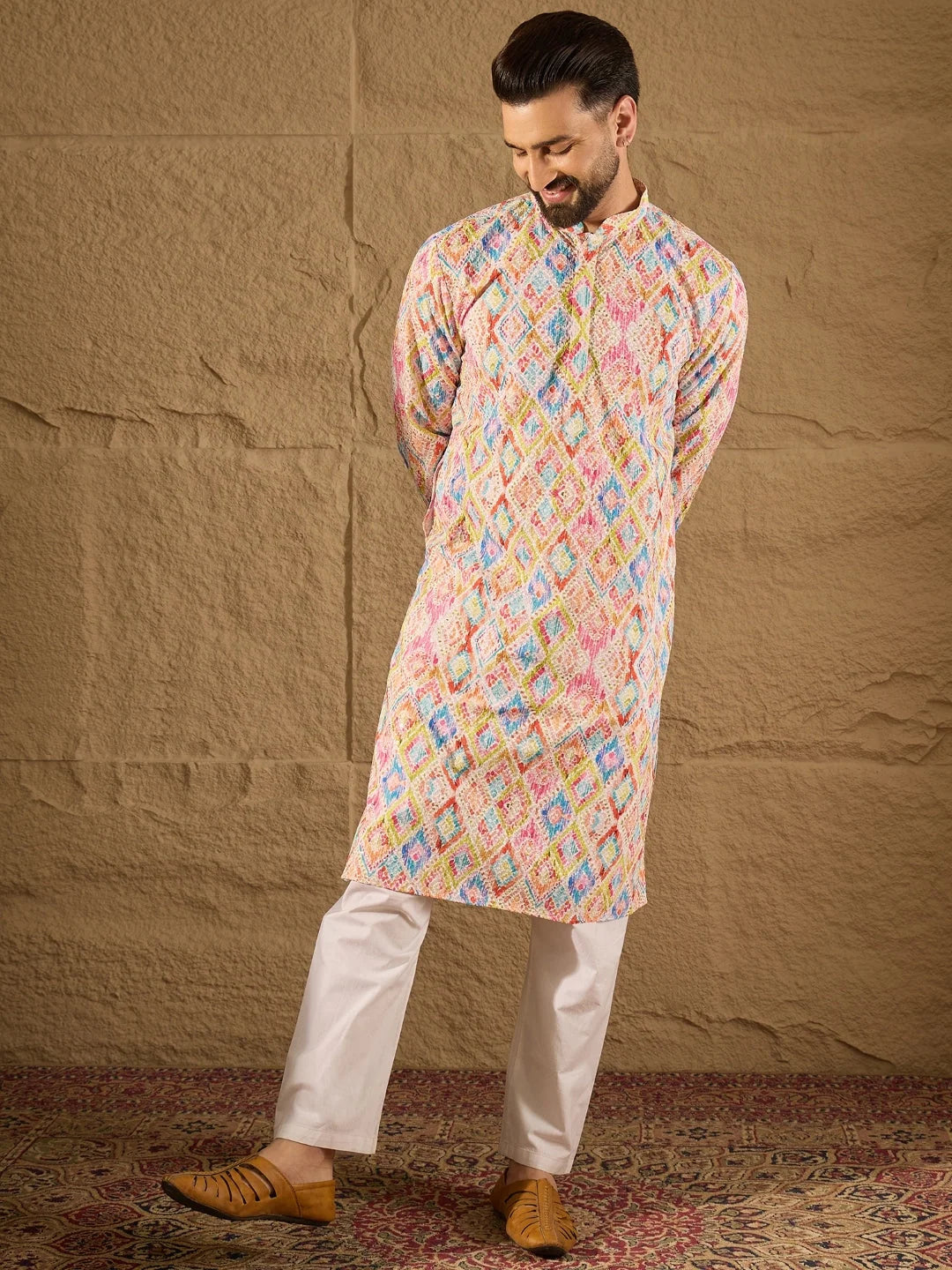 Ethnic Bay Men Multi Viscose Rayon Abstract Embroidered Straight Kurta-MKU1251