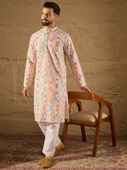 Ethnic Bay Men Multi Viscose Rayon Abstract Embroidered Straight Kurta-MKU1251
