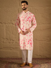 Ethnic Bay Men Peach Viscose Rayon Shibori Embroidered Straight Kurta-MKU1262