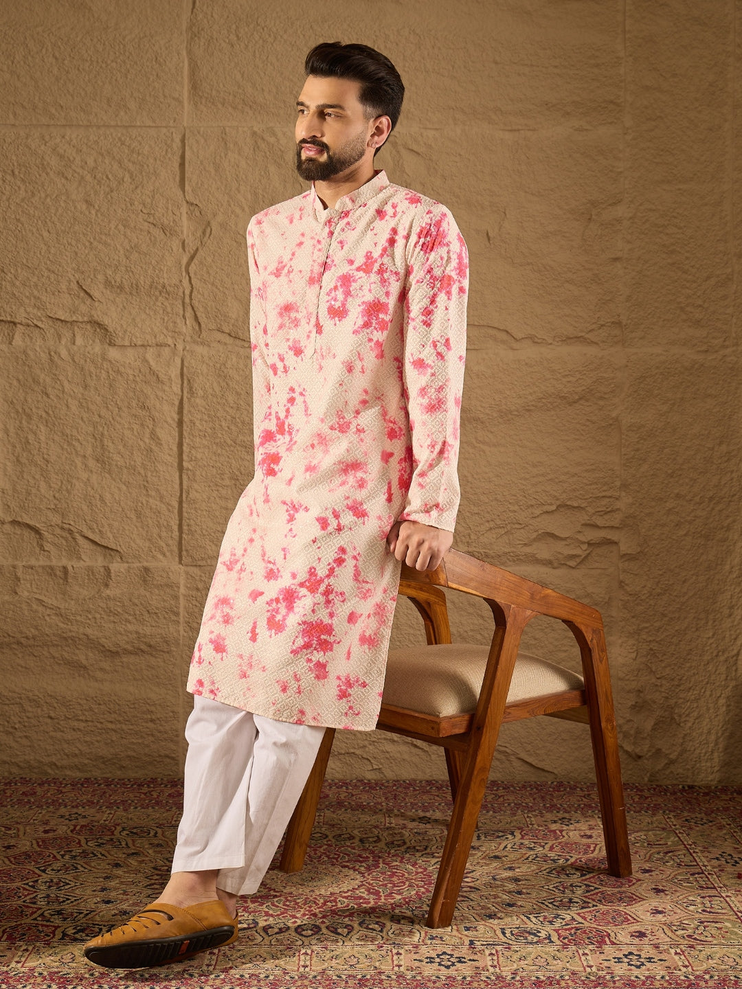 Ethnic Bay Men Peach Viscose Rayon Shibori Embroidered Straight Kurta-MKU1262
