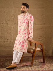 Ethnic Bay Men Peach Viscose Rayon Shibori Embroidered Straight Kurta-MKU1262