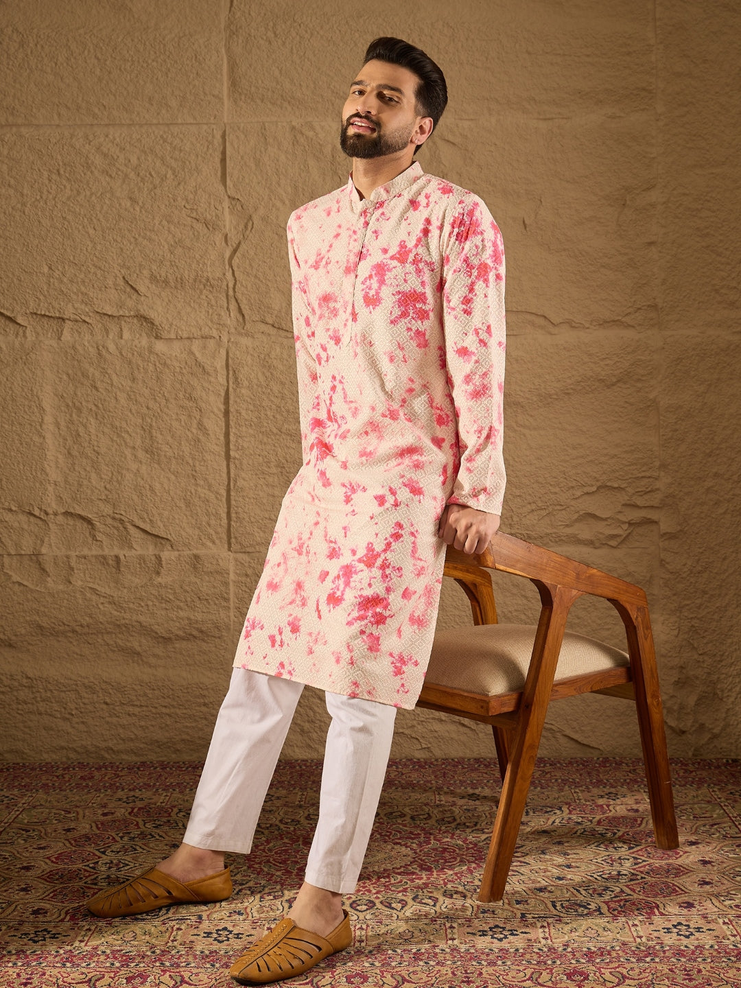 Ethnic Bay Men Peach Viscose Rayon Shibori Embroidered Straight Kurta-MKU1262