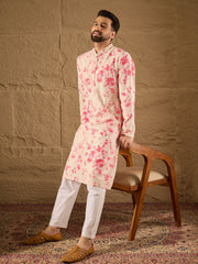 Ethnic Bay Men Peach Viscose Rayon Shibori Embroidered Straight Kurta-MKU1262
