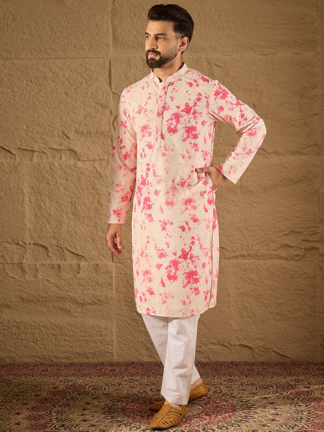 Ethnic Bay Men Peach Viscose Rayon Shibori Embroidered Straight Kurta-MKU1262