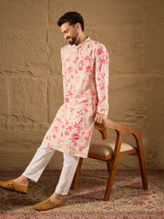 Ethnic Bay Men Peach Viscose Rayon Shibori Embroidered Straight Kurta-MKU1262