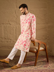 Ethnic Bay Men Peach Viscose Rayon Shibori Embroidered Straight Kurta-MKU1262
