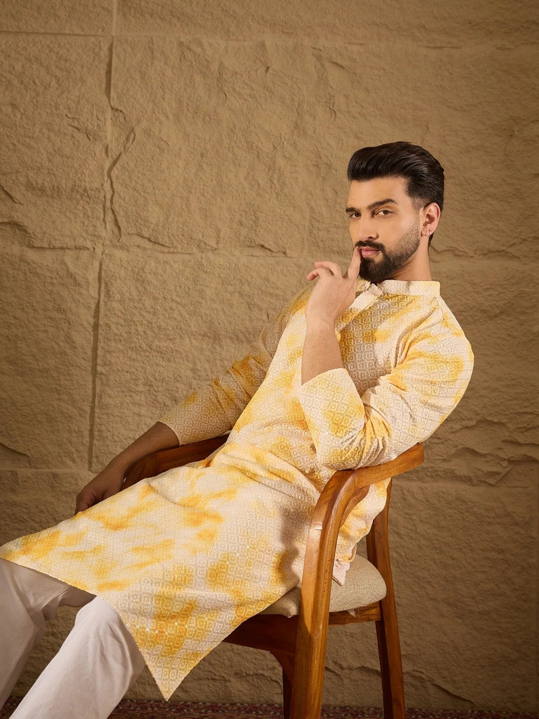Ethnic Bay Men Yellow Viscose Rayon Shibori Embroidered Straight Kurta-MKU1263