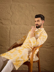 Ethnic Bay Men Yellow Viscose Rayon Shibori Embroidered Straight Kurta-MKU1263