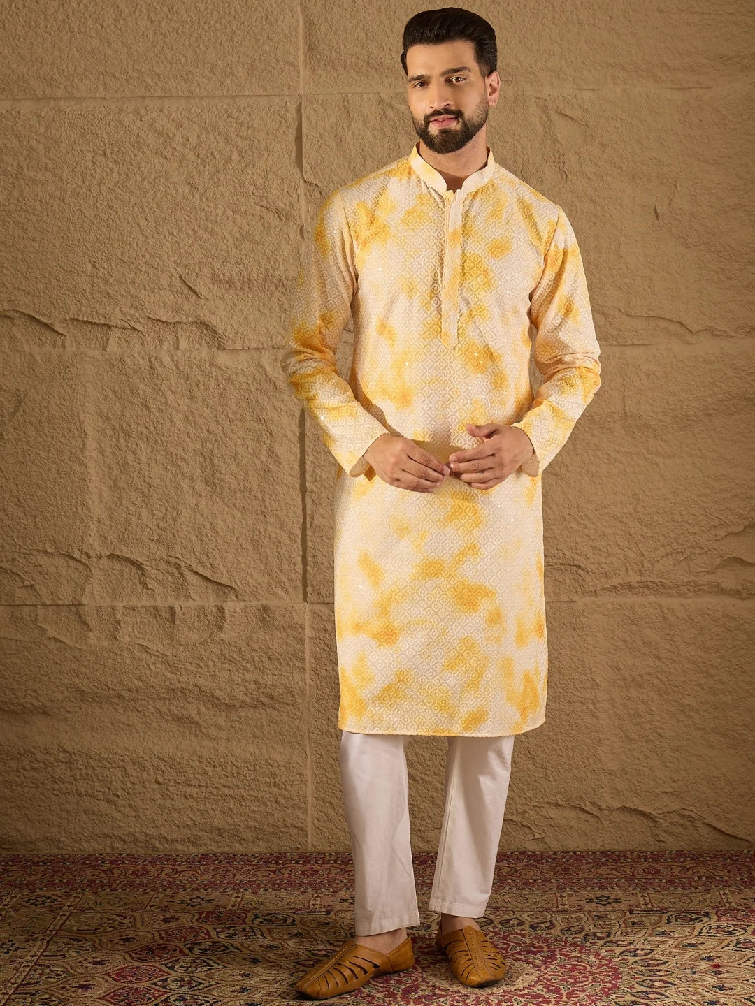 Ethnic Bay Men Yellow Viscose Rayon Shibori Embroidered Straight Kurta-MKU1263