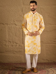 Ethnic Bay Men Yellow Viscose Rayon Shibori Embroidered Straight Kurta-MKU1263
