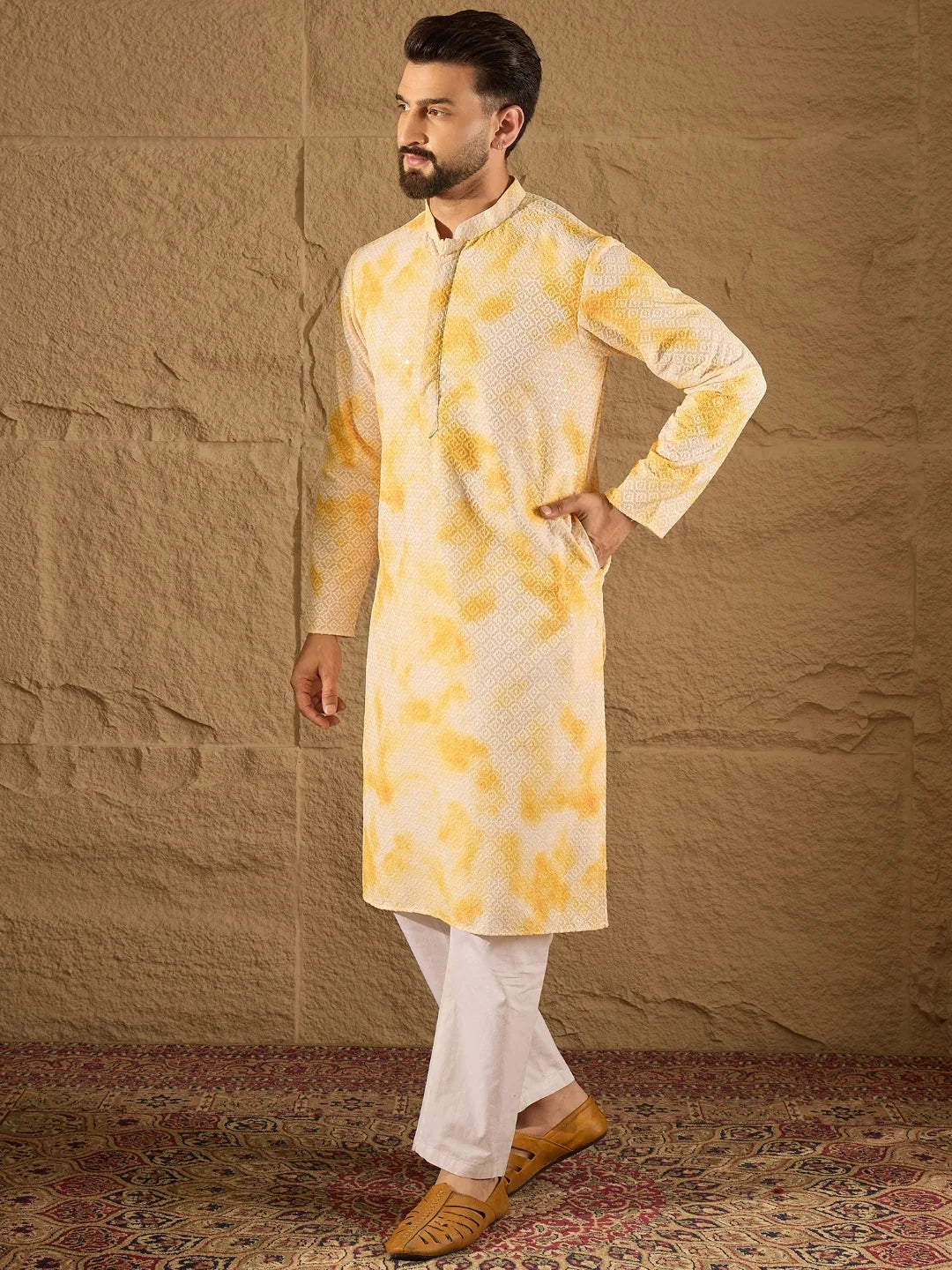 Ethnic Bay Men Yellow Viscose Rayon Shibori Embroidered Straight Kurta-MKU1263