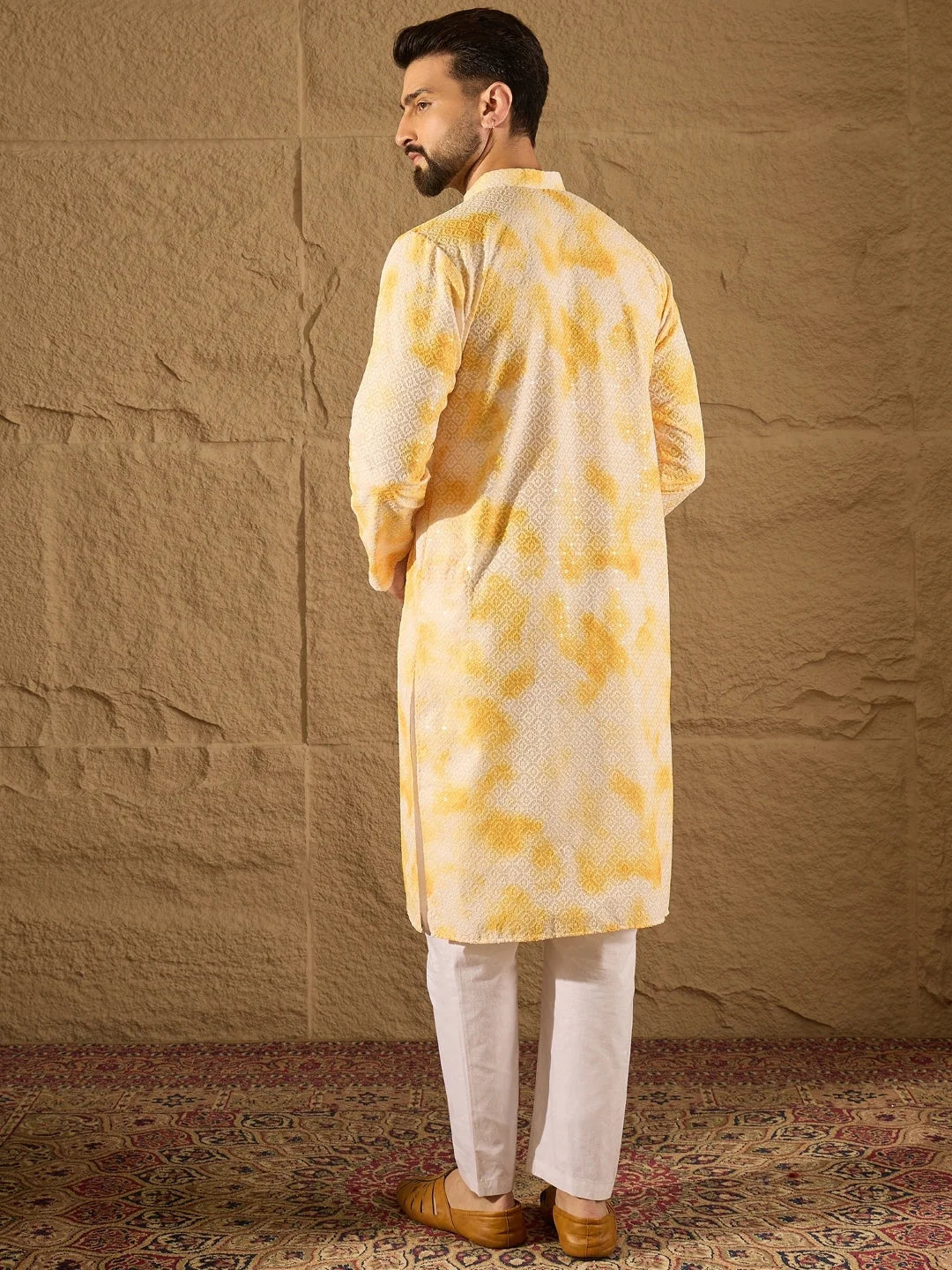 Ethnic Bay Men Yellow Viscose Rayon Shibori Embroidered Straight Kurta-MKU1263