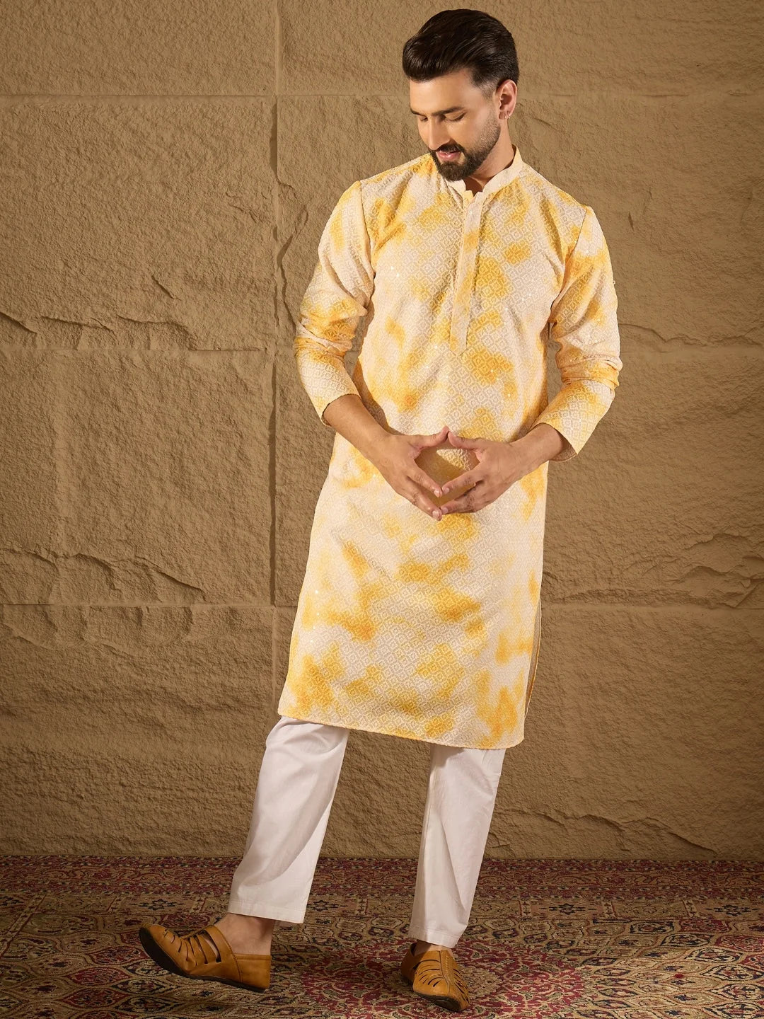 Ethnic Bay Men Yellow Viscose Rayon Shibori Embroidered Straight Kurta-MKU1263