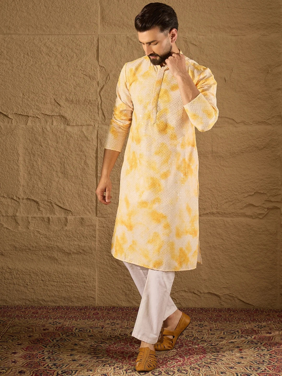 Ethnic Bay Men Yellow Viscose Rayon Shibori Embroidered Straight Kurta-MKU1263