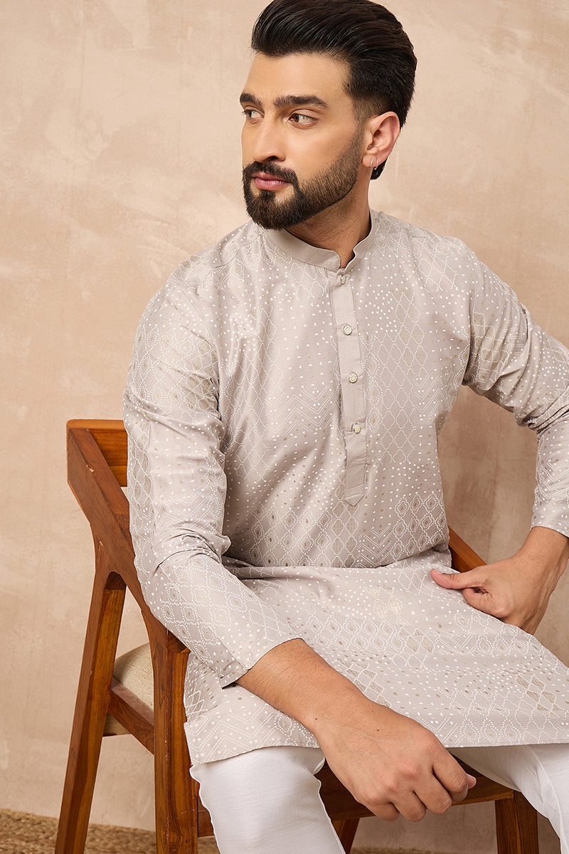 Grey Silk Geometric Printed Straight Kurta HOPMKU1272 | DesiQlo
