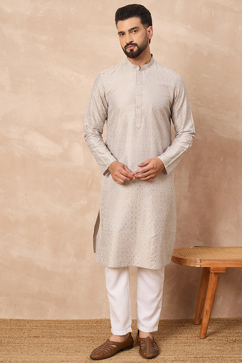 Grey Silk Geometric Printed Straight Kurta HOPMKU1272 | DesiQlo