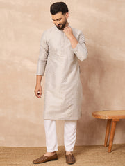 Ethnic Bay Men Grey Silk Geometric Printed Straight Kurta-MKU1272