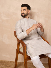 Ethnic Bay Men Grey Silk Geometric Printed Straight Kurta-MKU1272