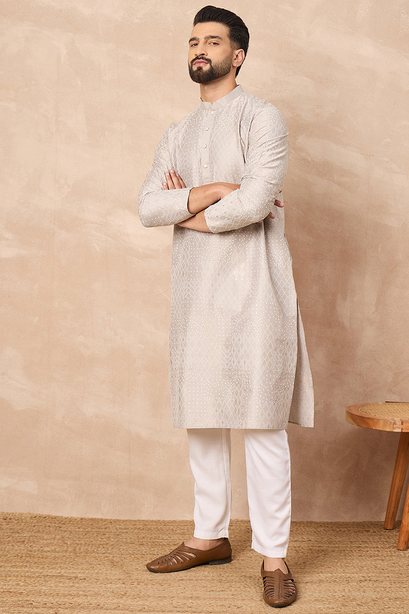 Grey Silk Geometric Printed Straight Kurta HOPMKU1272 | DesiQlo