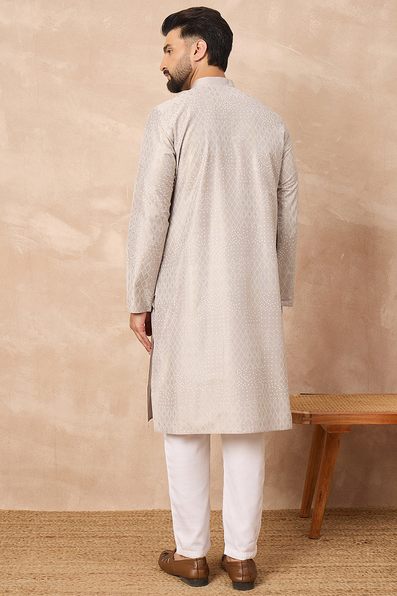 Grey Silk Geometric Printed Straight Kurta HOPMKU1272 | DesiQlo
