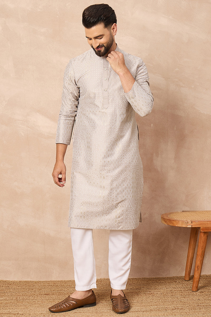 Grey Silk Geometric Printed Straight Kurta HOPMKU1272 | DesiQlo