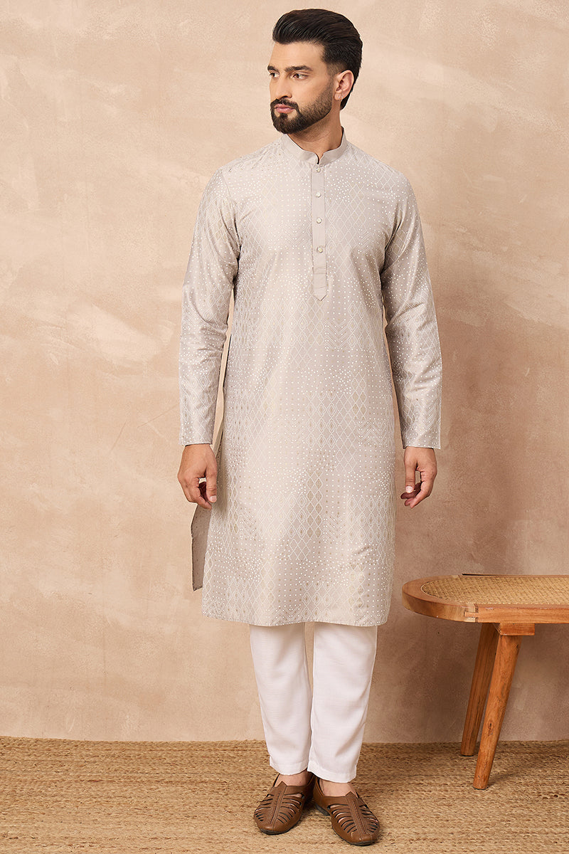 Grey Silk Geometric Printed Straight Kurta HOPMKU1272 | DesiQlo