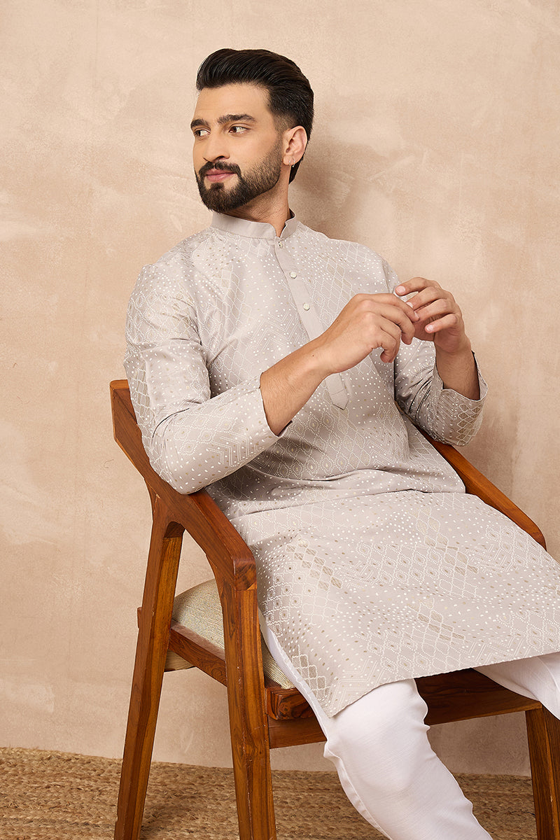 Grey Silk Geometric Printed Straight Kurta HOPMKU1272 | DesiQlo