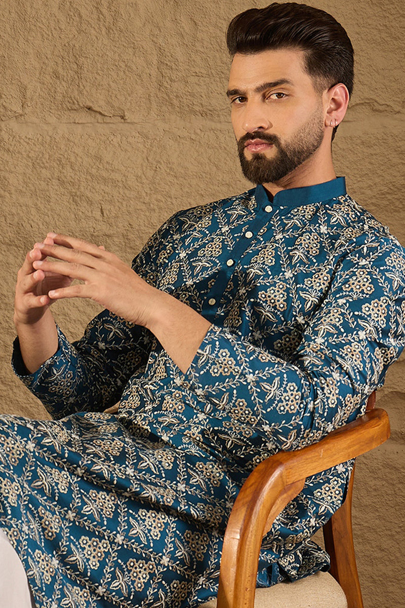 Blue Silk Floral Printed Straight Kurta MKU1273