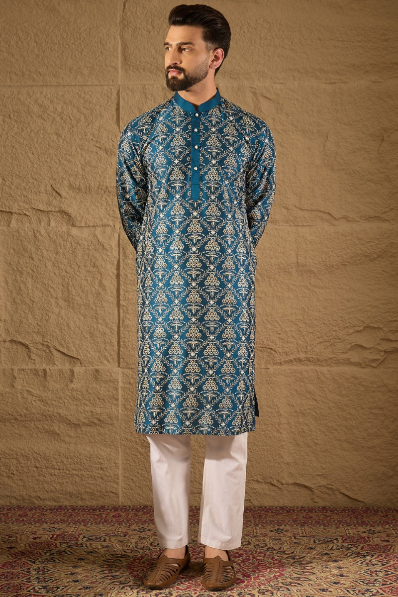 Blue Silk Floral Printed Straight Kurta HOPMKU1273 | DesiQlo