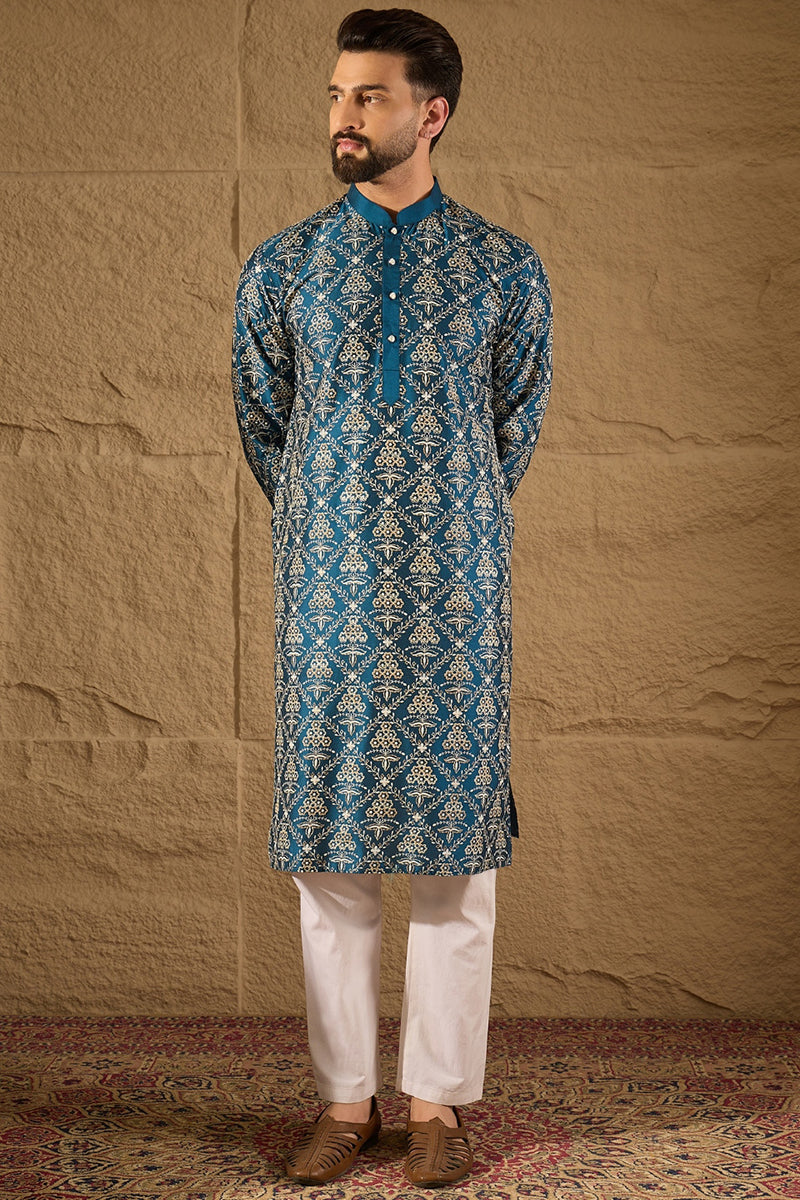Blue Silk Floral Printed Straight Kurta MKU1273