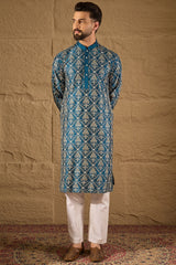 Blue Silk Floral Printed Straight Kurta HOPMKU1273