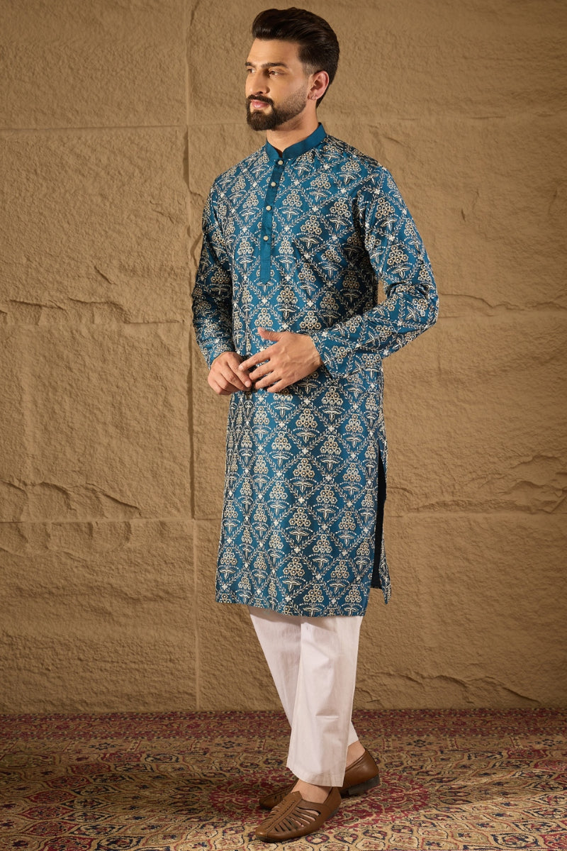 Blue Silk Floral Printed Straight Kurta HOPMKU1273 | DesiQlo