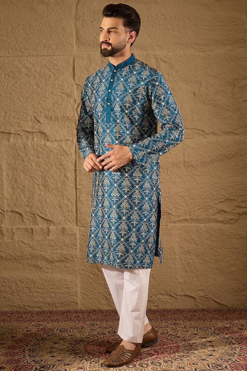 Blue Silk Floral Printed Straight Kurta MKU1273