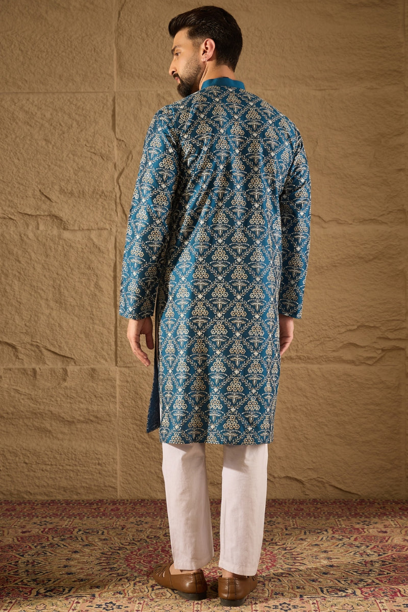 Blue Silk Floral Printed Straight Kurta HOPMKU1273 | DesiQlo