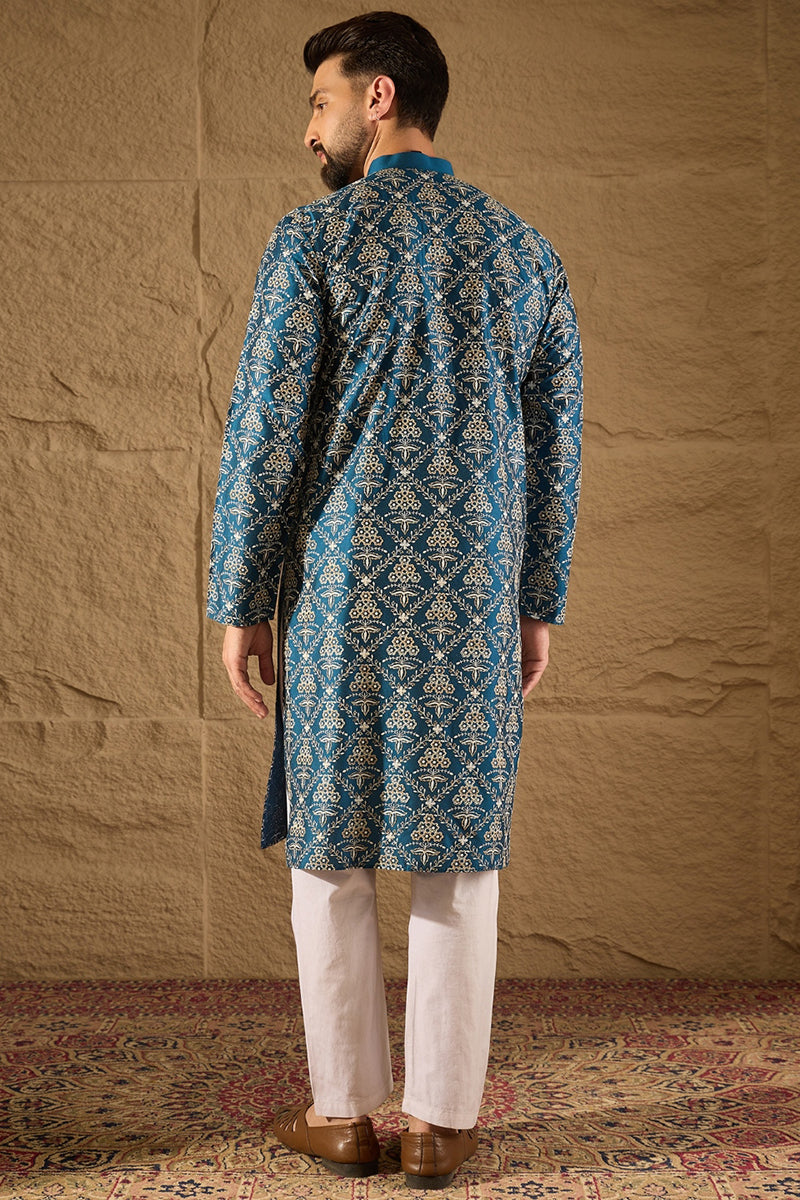 Blue Silk Floral Printed Straight Kurta MKU1273
