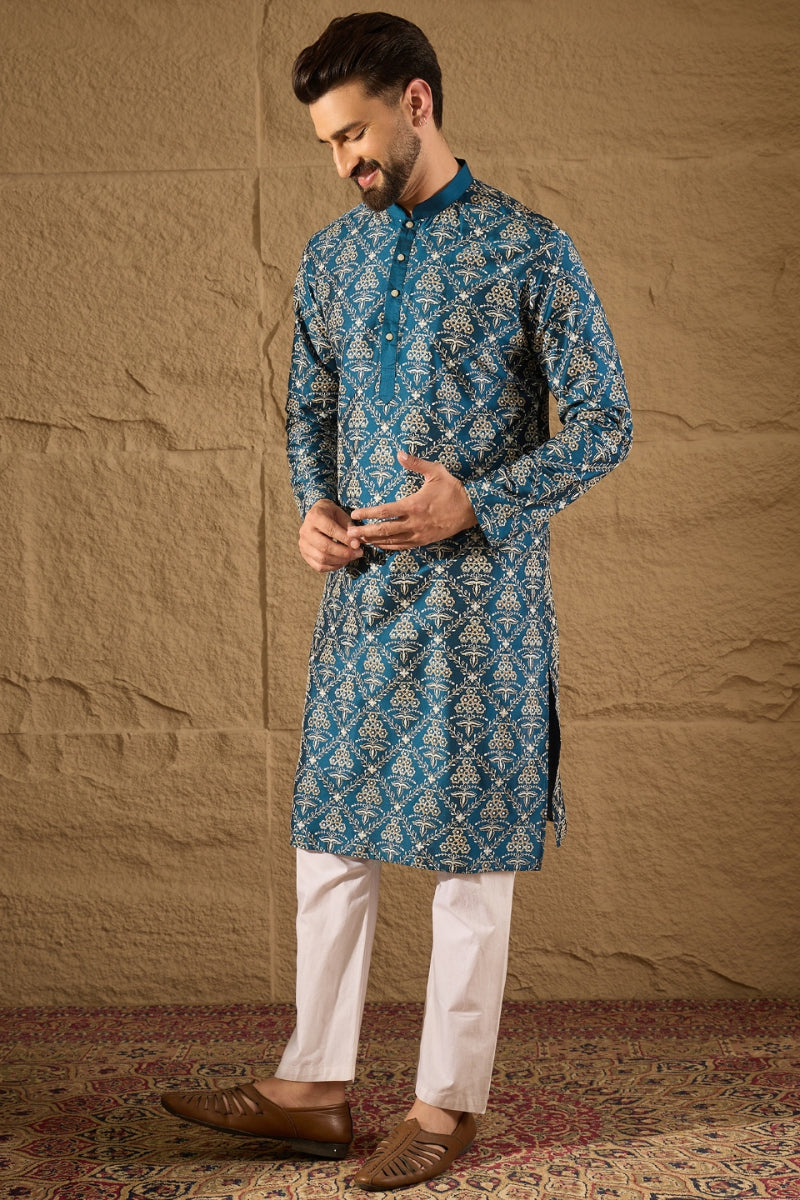 Blue Silk Floral Printed Straight Kurta HOPMKU1273 | DesiQlo