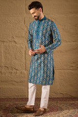 Blue Silk Printed Straight Kurta MKU1273