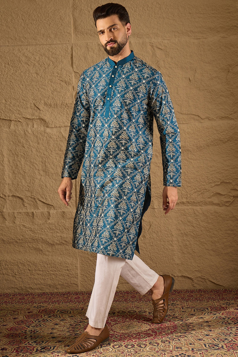 Blue Silk Floral Printed Straight Kurta MKU1273