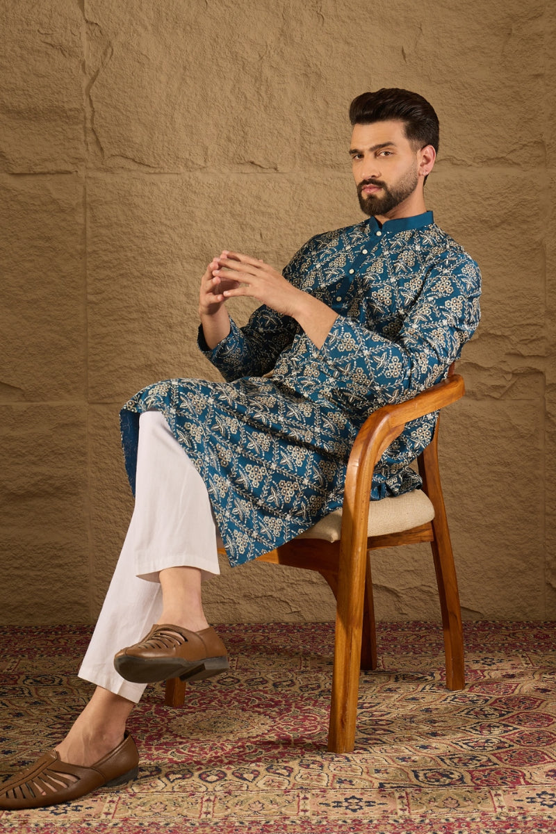 Blue Silk Floral Printed Straight Kurta HOPMKU1273 | DesiQlo