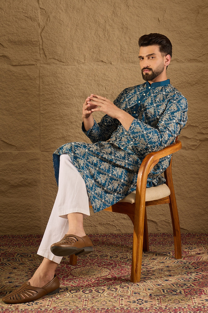 Blue Silk Floral Printed Straight Kurta MKU1273