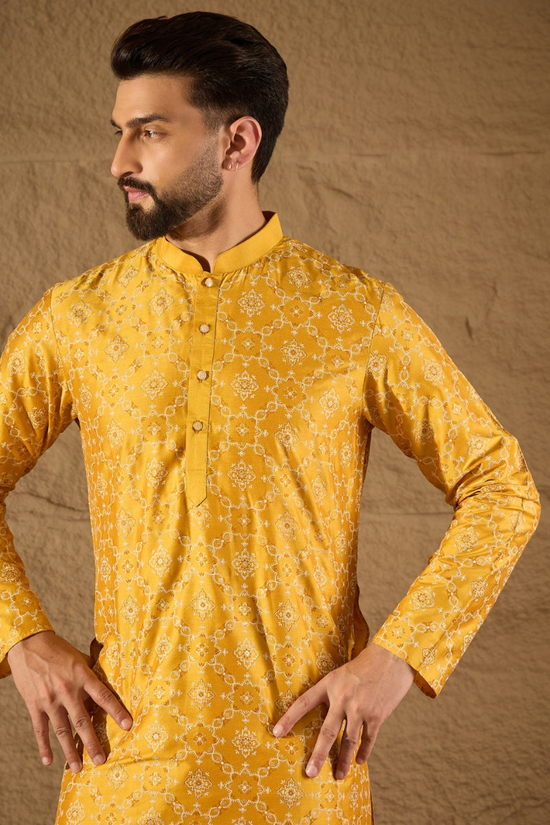 Yellow Silk Floral Printed Straight Kurta HOPMKU1276 | DesiQlo