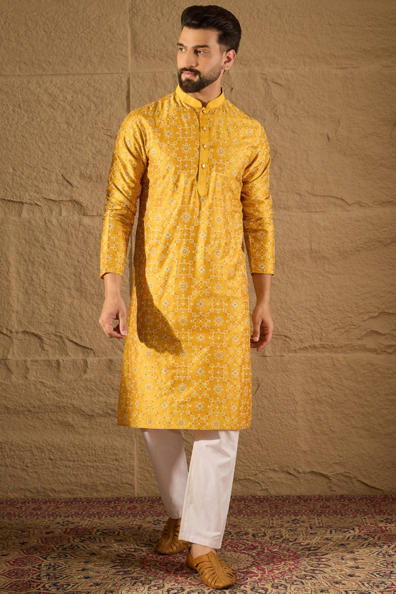 Yellow Silk Floral Printed Straight Kurta HOPMKU1276 | DesiQlo