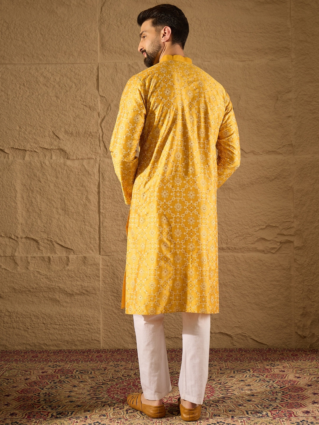 Ethnic Bay Men Yellow Silk Geometric Printed Straight Kurta-MKU1276