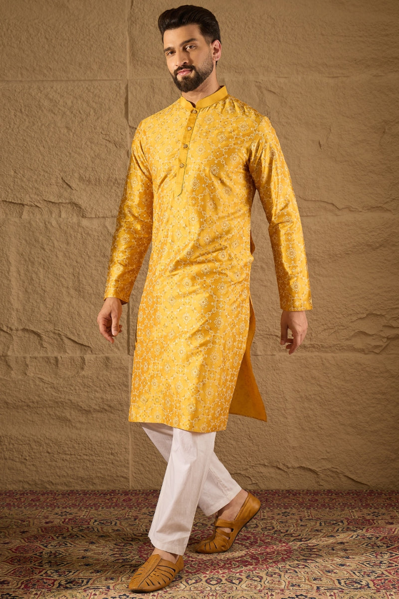 Yellow Silk Floral Printed Straight Kurta HOPMKU1276 | DesiQlo