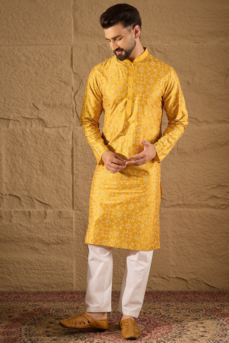 Yellow Silk Floral Printed Straight Kurta HOPMKU1276 | DesiQlo