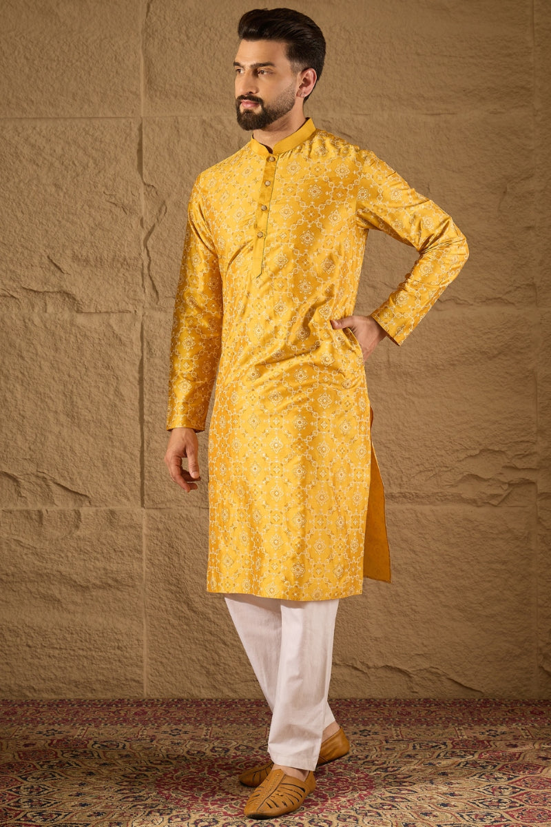 Yellow Silk Floral Printed Straight Kurta HOPMKU1276 | DesiQlo