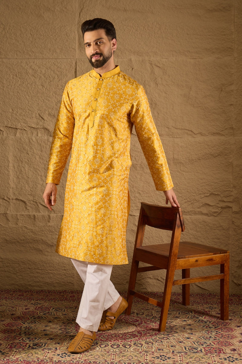 Yellow Silk Floral Printed Straight Kurta HOPMKU1276 | DesiQlo